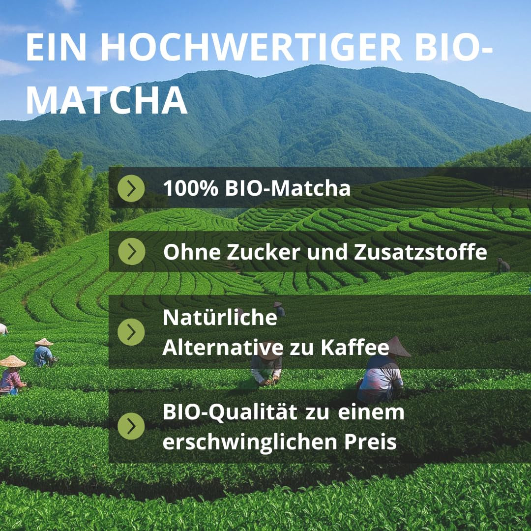 | Matcha biologisch poeder 100 g | Groene Thee Matcha Poeder Ceremoniële Kwaliteit | 100% natuurlijk en premium kwaliteit | Ontgiftende thee | Compatibel met Matcha-set, steel, kom en glas.