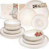 ZANGER | 24-delige Corfu Serviesset Servies voor 8 personen Handgemaakte keramische serviesset inclusief dinerborden, dessertborden en Suma-borden Crèmekleurig servies met zandtextuur