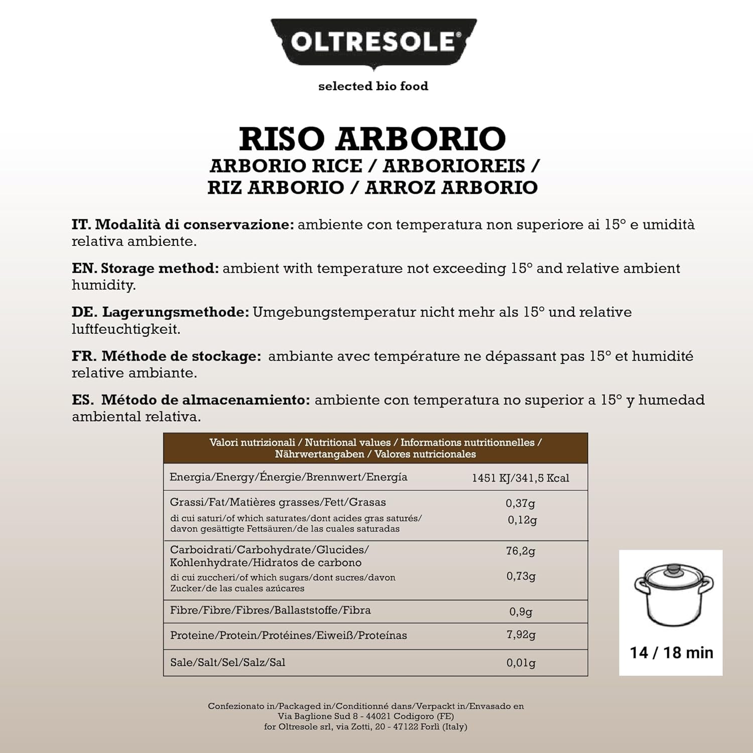 Ambachtelijke Italiaanse Arboriorijst, grofkorrelige en zetmeelrijke rijst, ideaal voor soepen, risotto's en rijstsalades, vacuüm verpakt in 2 zakken van 1 kg