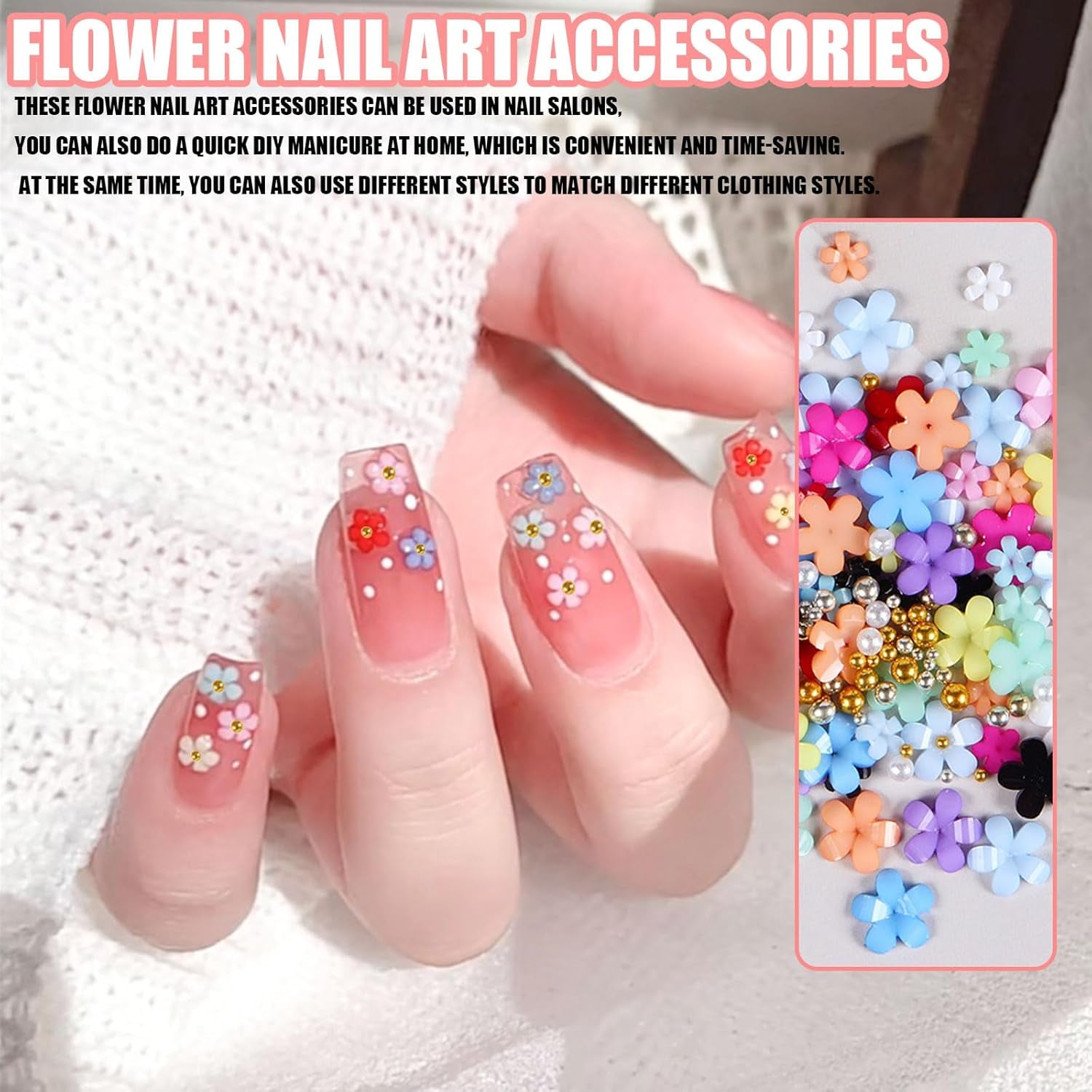3D bloem nagelbedels, 12 rasters acrylhars bloem en goud zilveren kralen nagelstenen, bloem gelnagels, bloem nageldecoraties voor vrouwen en meisjes, doe-het-zelf-manicure-accessoires