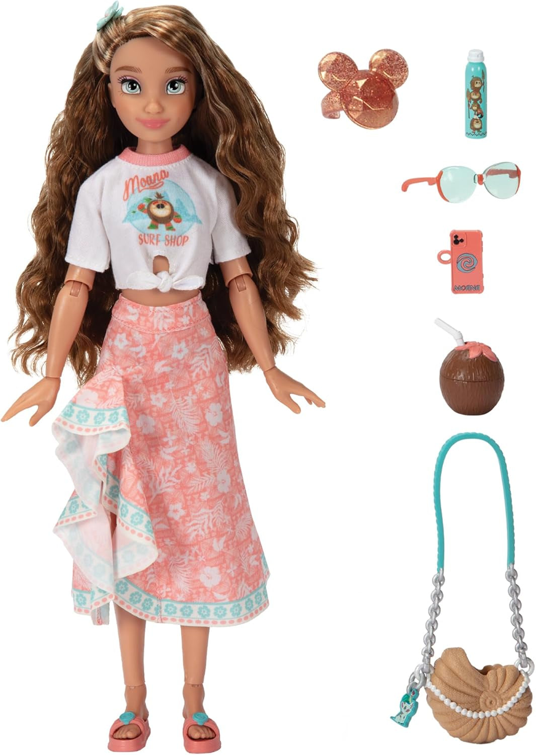 Vaiana-pop met accessoires, 29 cm, 13 scharnierpunten, officieel gelicentieerd door Jakks Pacific. Compleet met combineerbare accessoires en een sprankelende Mickey-ring!