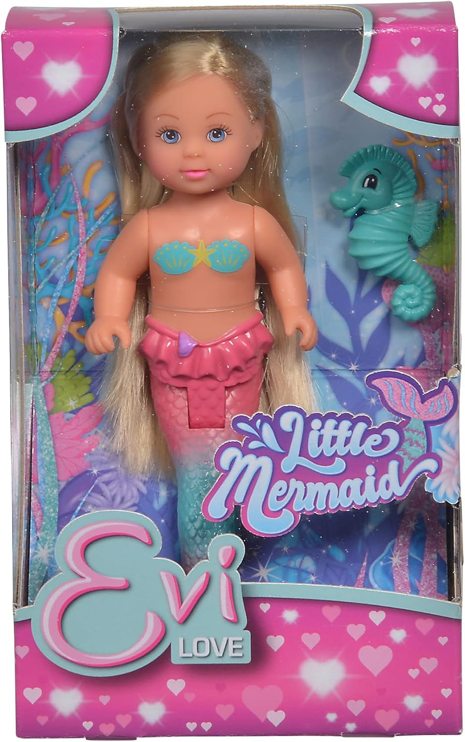 Simba 105733424 - Evi houdt van de kleine zeemeermin, op 2 manieren gesorteerd, er wordt slechts ÉÉN item geleverd, Evi als zeemeermin, beweegbare staartvin, met zeepaardje, modepop van 12 cm, vanaf 3 jaar