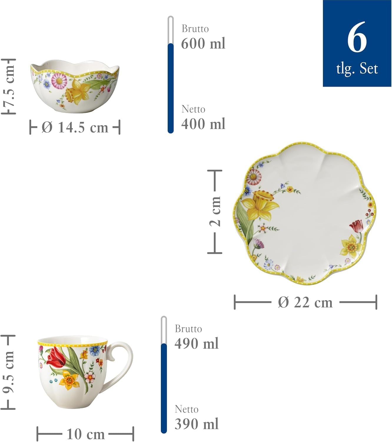 Villeroy & Boch - Spring Awakening Ontbijtset voor 2, 6-delig, Paasserviesset, Ontbijt, Pasen, Koffieservies, Lenteservies, Porselein