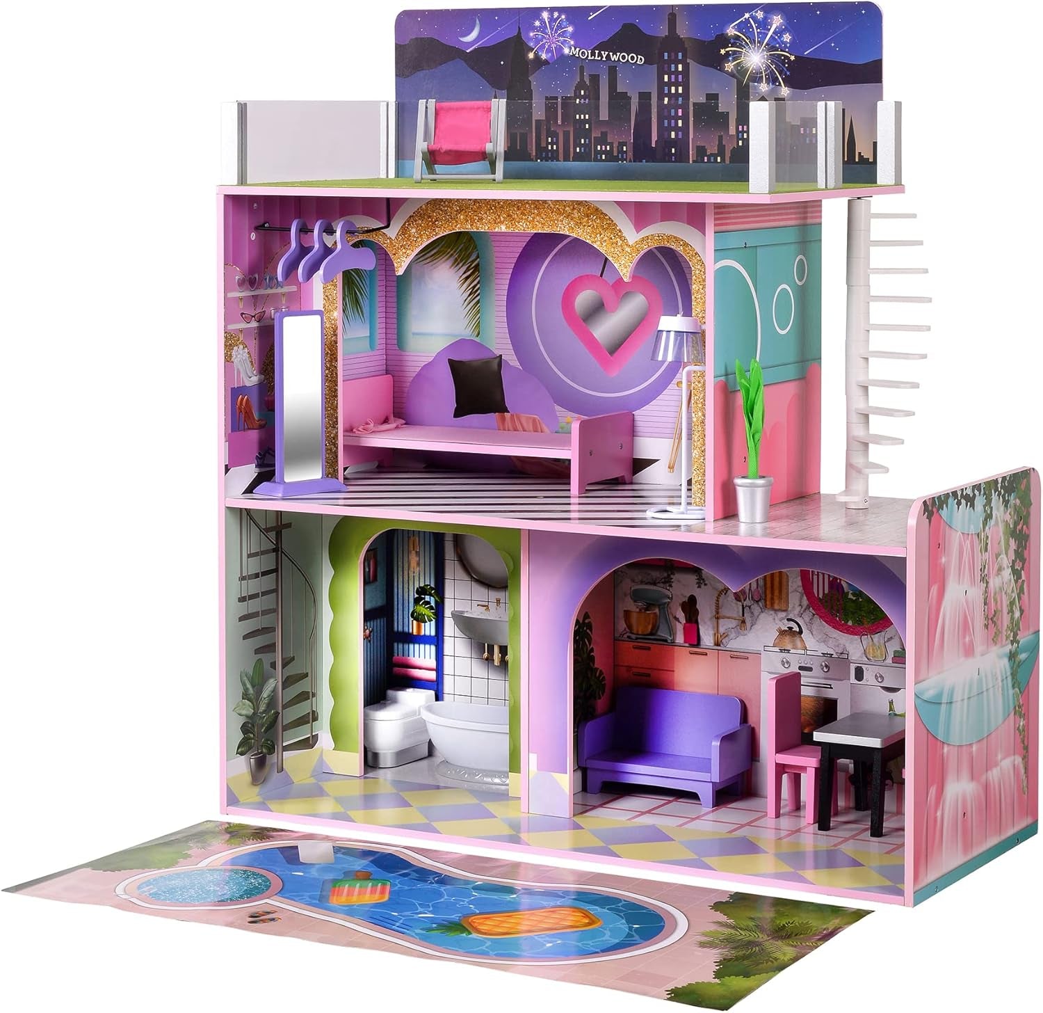 Olivia's kleine wereld Big Dreamland Sunset Eigentijds interactief houten poppenhuis voor kinderen 3 verdiepingen met 16 poppenmeubelaccessoires Multi TD-13616A Poppenhuizen Naty Shop Standaardtitel