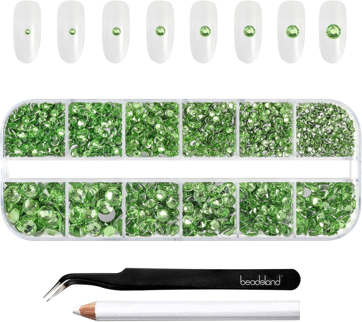 Beadsland 2500 stuks glas Nailart Strasssteine ​​Kristall Flatback Edelsteine ​​Runde, voor handwerk Gemischt 8 Größen SS4 ~ SS30 Mit Picking Pinzette en Stift (Kristall Weiss)