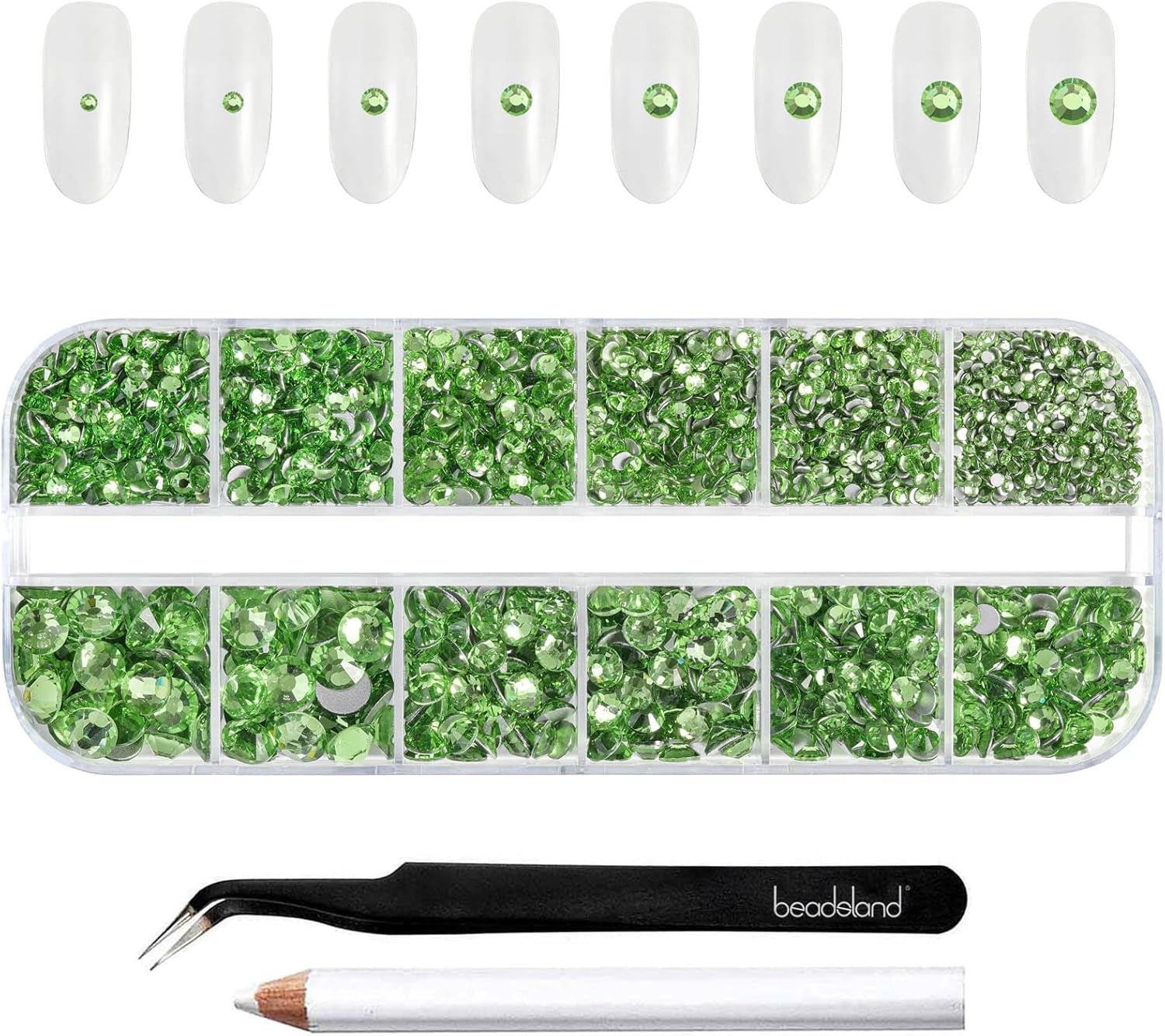 Beadsland 2500 stuks glas Nailart Strasssteine ​​Kristall Flatback Edelsteine ​​Runde, voor handwerk Gemischt 8 Größen SS4 ~ SS30 Mit Picking Pinzette en Stift (Kristall Weiss)