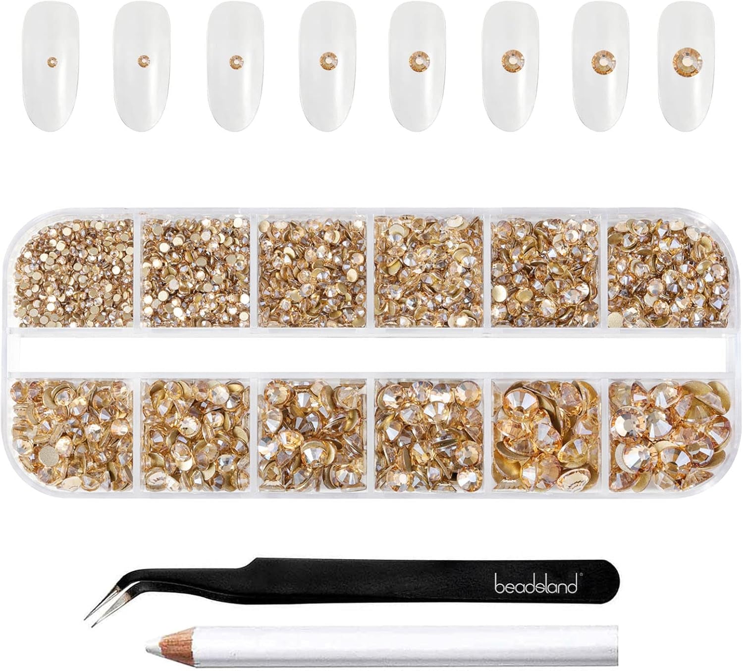 Beadsland 2500 stuks glas Nailart Strasssteine ​​Kristall Flatback Edelsteine ​​Runde, voor handwerk Gemischt 8 Größen SS4 ~ SS30 Mit Picking Pinzette en Stift (Kristall Weiss)