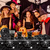 49-delige Halloween Spider papieren bestekset inclusief borden, servetten, glazen en tafelkleed. Zwart servies bestaande uit dessertborden, servetten en glazen.