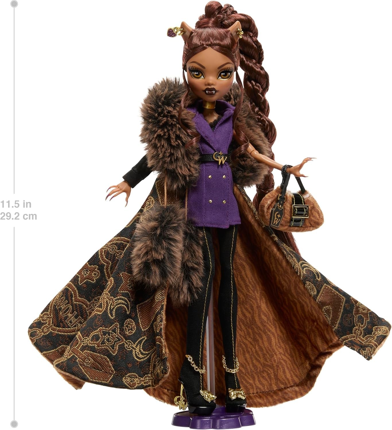 Monster High Doll House of Wolves Clawdeen Wolf verzamelfiguur met jacquard imitatiebontjas Paars jasje Jurk Gouden broek en accessoires JDR66