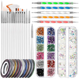 FANDAMEI Nail Art Brush Set, 15 Stücke Pinsel Für Gelnägel Nagel Pinsel, 5 Stücke Dotted Pen, 10 Rolle Streifenband Nägel, Strasssteine ​​​​Nägel, Ultra Dünn Nagel Pailetten voor Nagelkunst Maniküre Set
