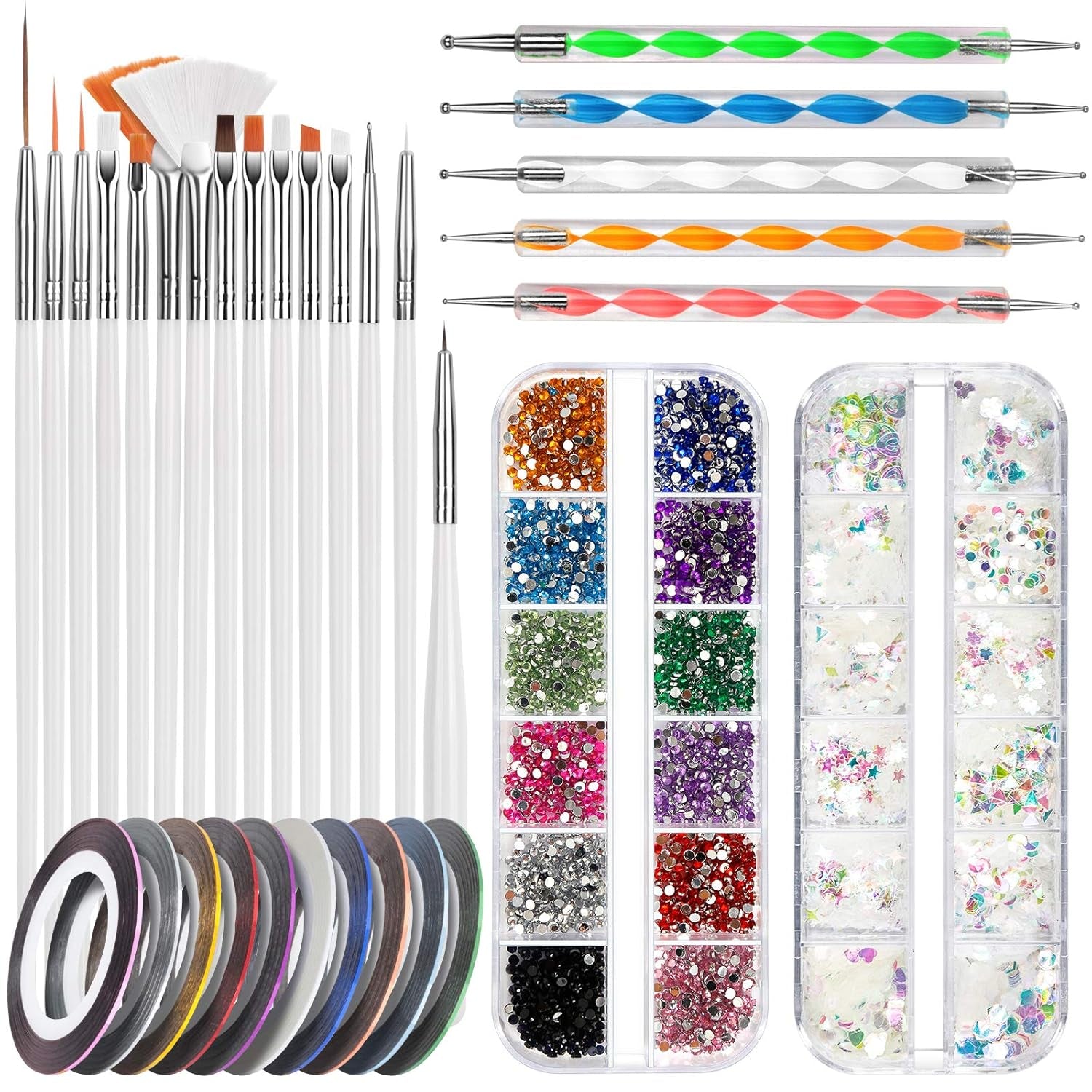 FANDAMEI Nail Art Brush Set, 15 Stücke Pinsel Für Gelnägel Nagel Pinsel, 5 Stücke Dotted Pen, 10 Rolle Streifenband Nägel, Strasssteine ​​​​Nägel, Ultra Dünn Nagel Pailetten voor Nagelkunst Maniküre Set
