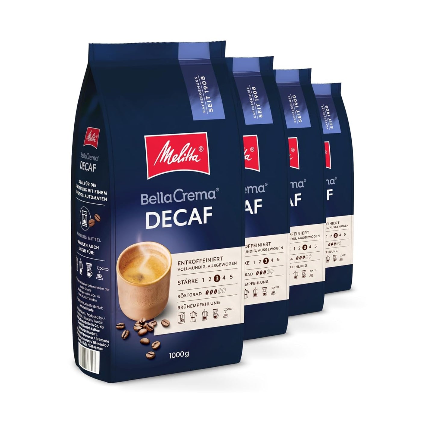 Melitta BellaCrema cafeïnevrije koffiebonen 4 x 1 kg ongemalen koffiebonen voor volautomatische koffiemachines cafeïnevrij licht gebrand Duits gebraad 3 sterkte