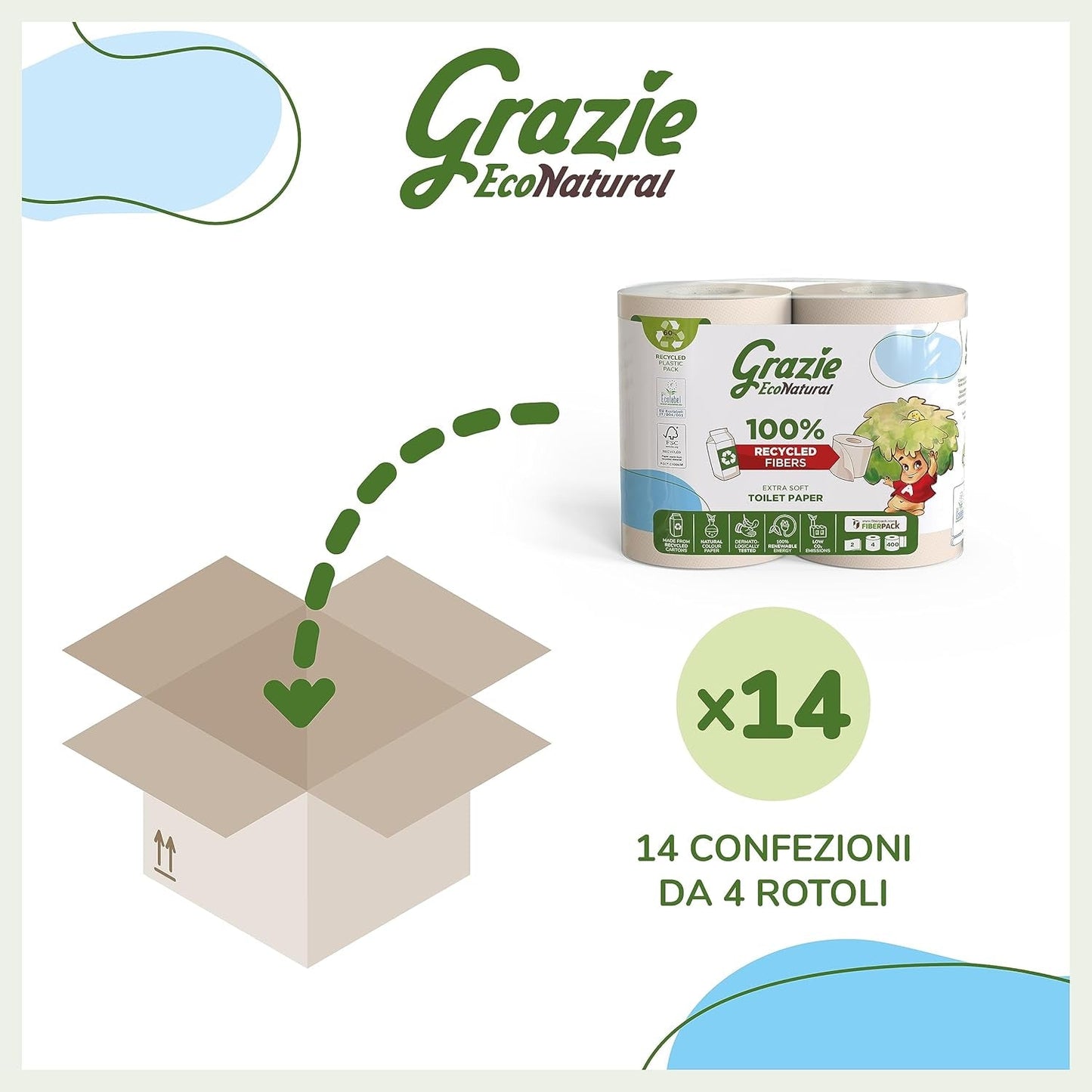 Grazie natuurlijk toiletpapier, Econatural, 56 rollen, Fibrepack gerecycleerd toiletpapier, 100% ecologisch, milieuvriendelijk, ecolabel gecertificeerd en FSC gerecycleerd, gemaakt in Italië