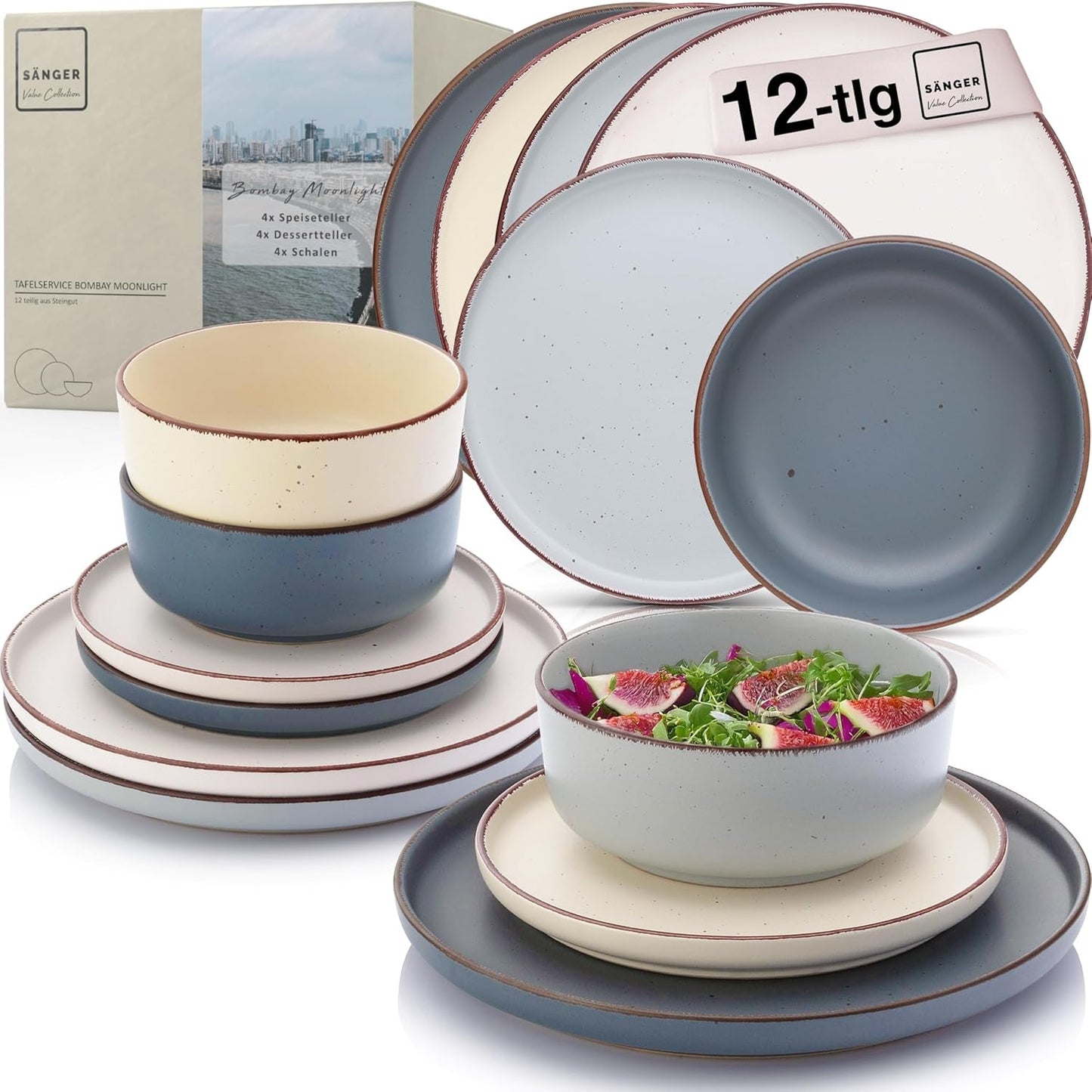 SÄNGER Bombay Maanlicht | 12-delige keramische serviesset voor 4 personen, 4 dinerborden, 4 dessertborden, 4 kommen, diverse kleuren | DE WAARDE-COLLECTIE