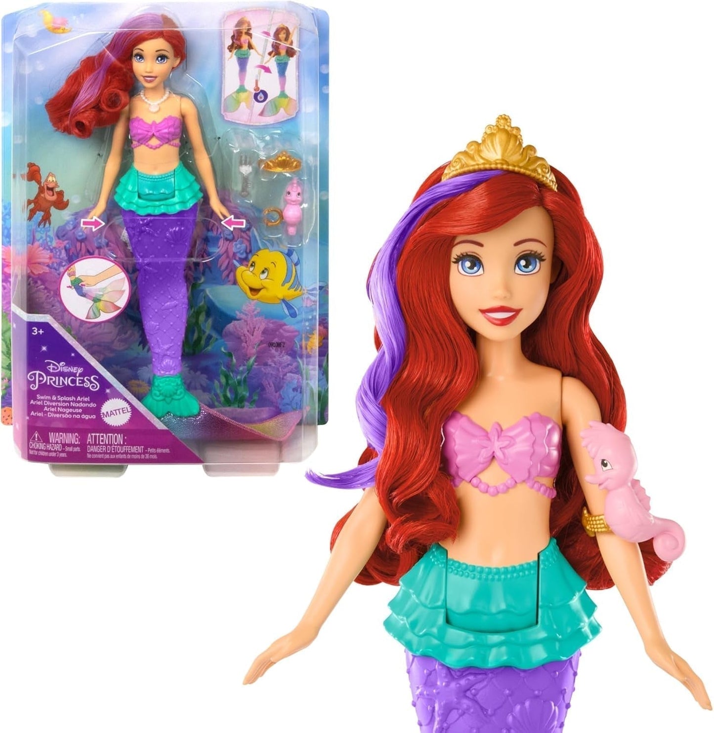 Mattel Disney Princess speelgoed, make-up schelp zeemeermin Arielle modepop met afneembare staart, make-up tafel met 5 herhaalbare pop-up verrassingen en 5 accessoires, JBF86 Naty Shop Ariel poppen