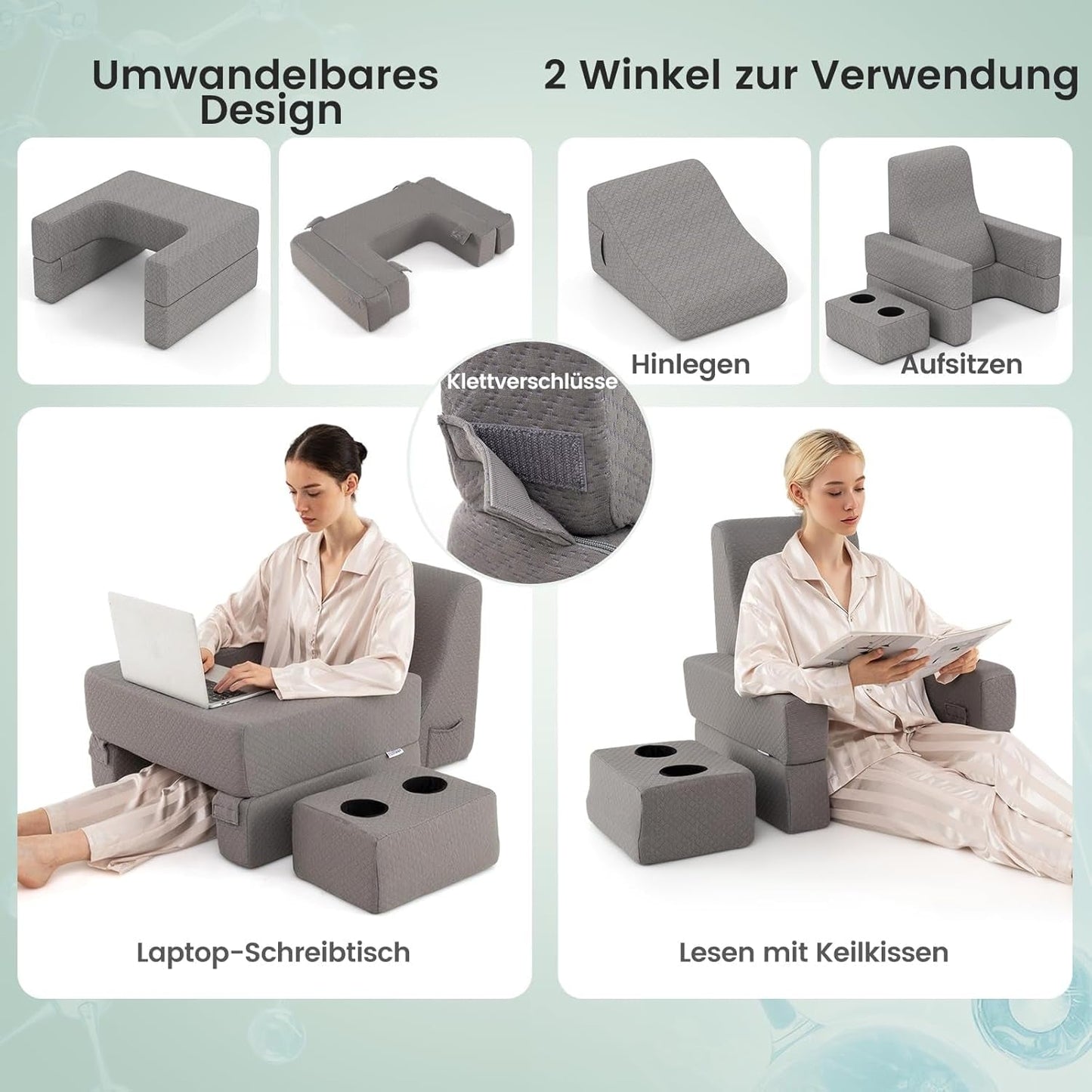 Leeskussen voor bed en bank, boekenkussen, vrij te combineren met bekerhouder en wasbare hoes, verstelbaar laptopbureaukussen voor lezen, gamen, werken, schrijven (grijs)