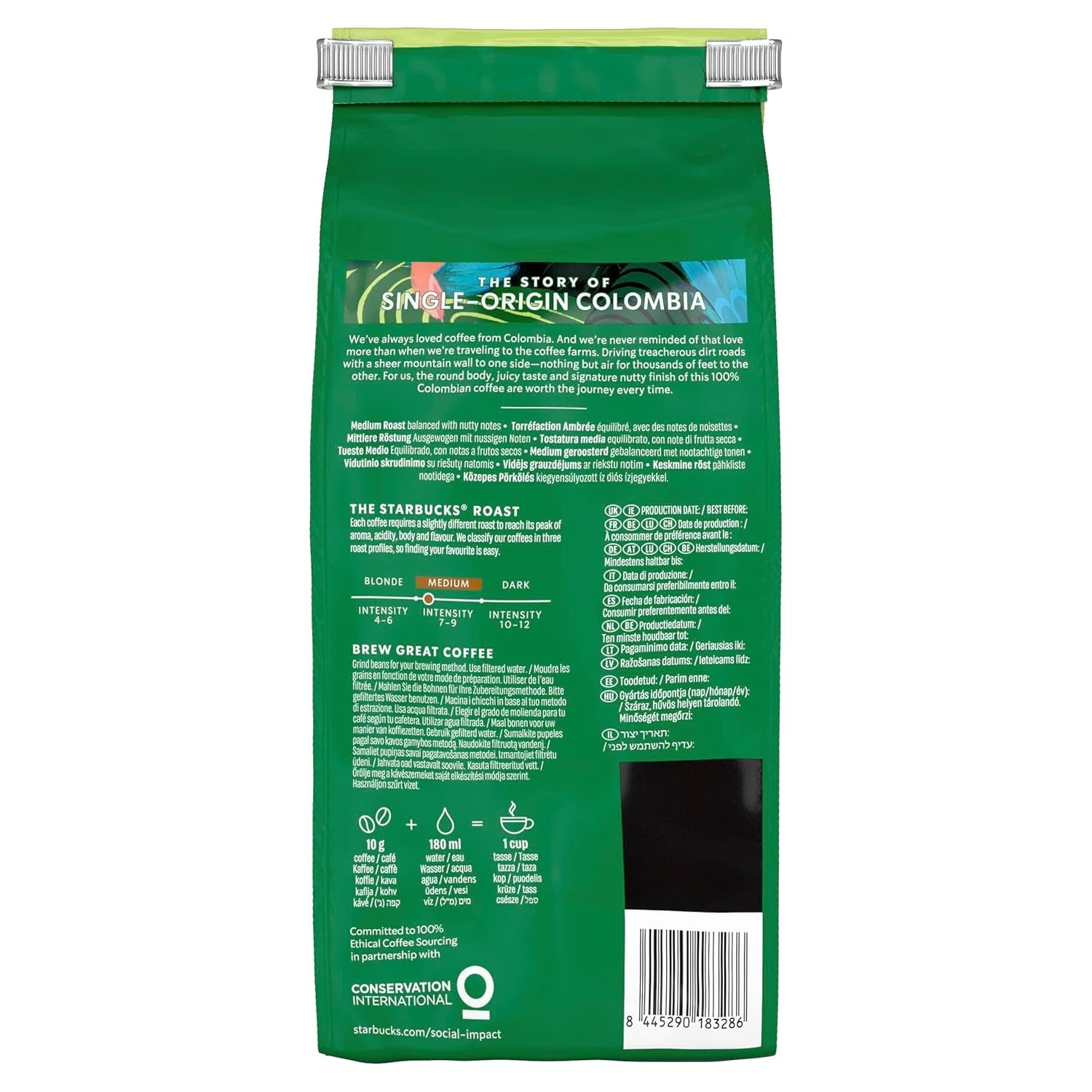 STARBUCKS Colombiaanse koffie met enkele oorsprong, medium gebrand, hele bonen 450 g (pak van 4)