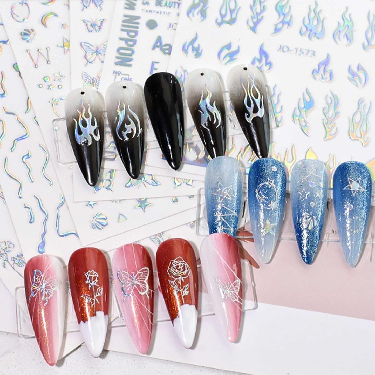 JMEOWIO Nagelsticker Aurora Holografisch 9 Blatt Nagelaufkleber Selbstklebend Herz-Flamme Spielt Schmetterlings-Mond Die Hauptrolle Nail Art Sticker Decoratie Nageldesign Zubehör
