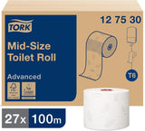 Tork 127530 Geavanceerde kwaliteit Midi zacht toiletpapier voor Tork T6 Dual Roll toiletpapierdispenser / 2-laags scheurbestendig zacht toiletpapier 27 stuks (27 x 100 meter)