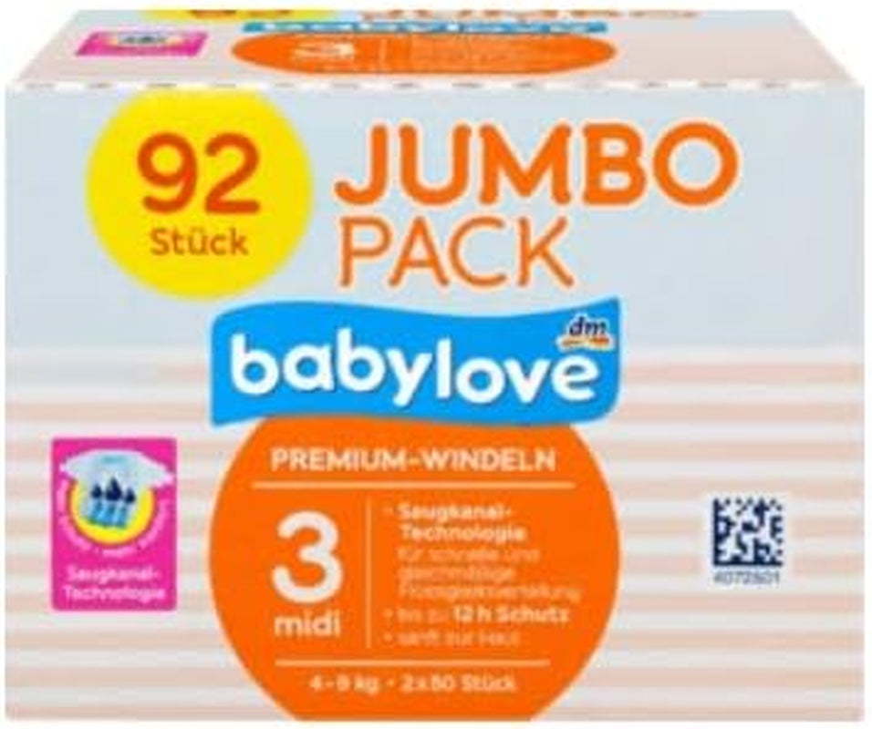 Babylove Premium luiers maat 3 Midi 4-9kg, verpakking van 92, verpakking XL