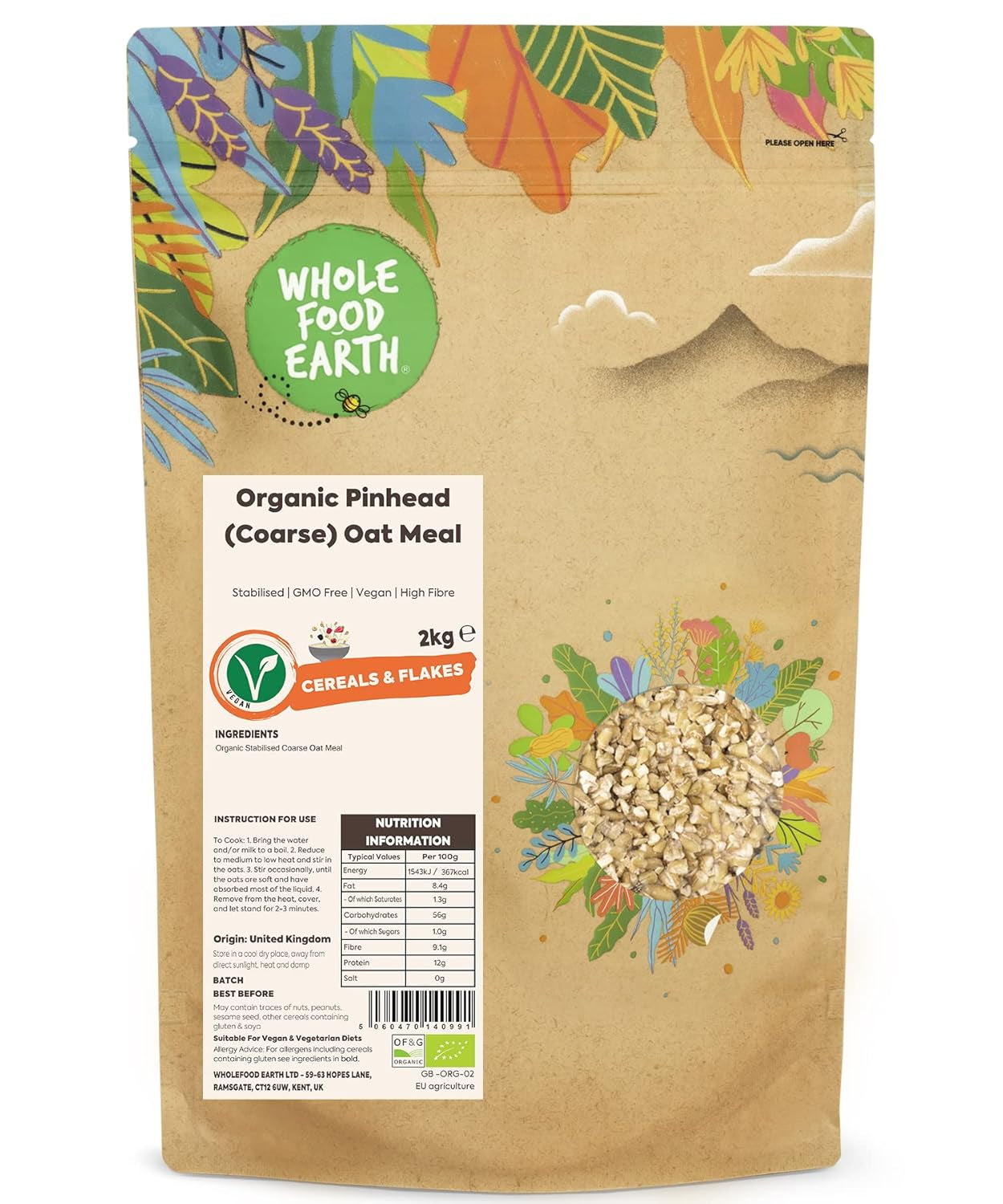 Pinhead Organic Wholefood Earth Havermout (grof) - 1 kg, gestabiliseerd, niet-GMO, veganistisch, vezelrijk, gecontroleerde biologische landbouw