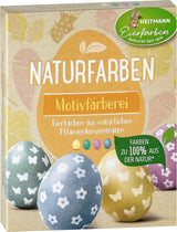 Heitmann eierverf natuurlijke kleurstofset, 3 eierverfpoeders (geel, paars, grijsblauw), stickervel van graspapier