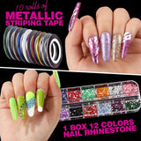 FANDAMEI 54 Blätter Wassertransfer Nagelsticker & Nail Art Pinsel Set, Dotted Pennen, Blattgold voor Nagelkunst, Streifenband, Strasssteine, Werkzeug en Decoratieset voor Nagelkunst Maniküre Set