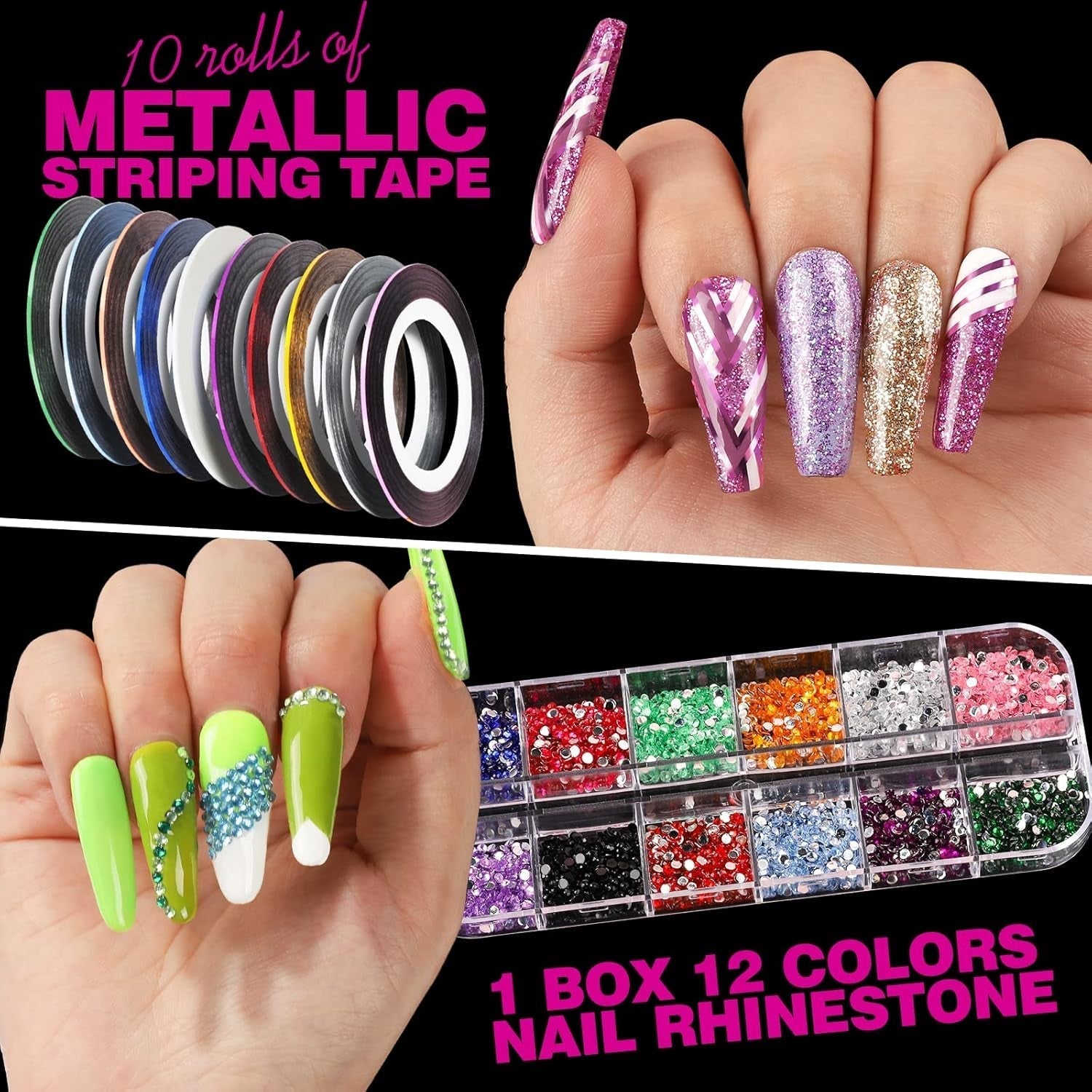 FANDAMEI 54 Blätter Wassertransfer Nagelsticker & Nail Art Pinsel Set, Dotted Pennen, Blattgold voor Nagelkunst, Streifenband, Strasssteine, Werkzeug en Decoratieset voor Nagelkunst Maniküre Set