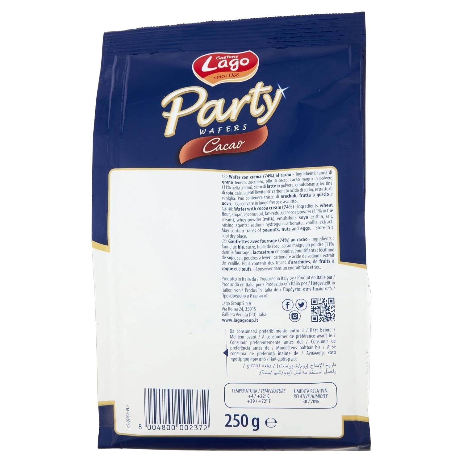 Cacao voor feestjes 250 g, wafel met cacaocrème, 74% Met 5 lagen wafel en een fluweelzachte chocoladecrème