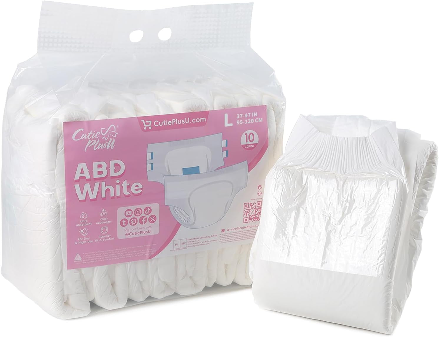 CutiePlusU luiers voor volwassenen, 10-pack wegwerpincontinentieslipjes met lussen voor dames en heren, maximaal absorptievermogen 's nachts - wit (middelgrote maat 71-96cm)