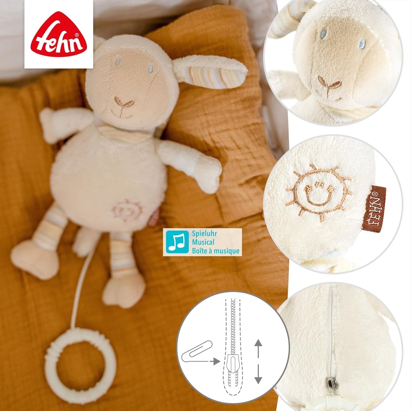 Fehn muziekdoos babyslaaphulp schaap - knuffel met opzetstuk - slaaphulpliedje "Brahms lullaby" - kinderspeelgoed voor onderweg en thuis - muzikaal speelgoed voor baby's en kinderen Bebe Naty Shop Speelgoed