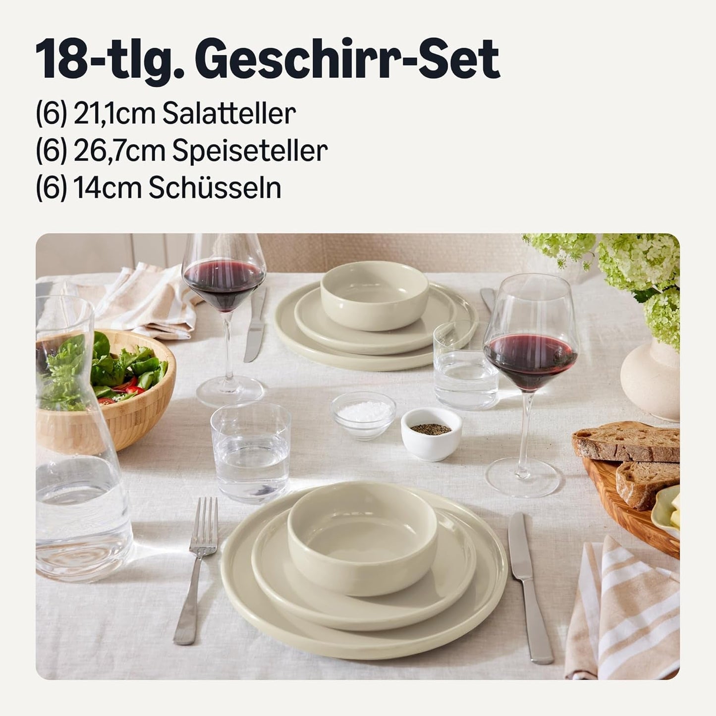 Amazon Basics 18-delige serviesset van geglazuurd steengoed, 6 complete sets, vaatwasmachinebestendig, ivoor