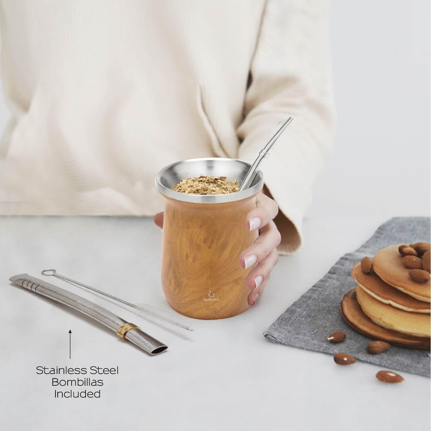 Yerba Mate balibetov theeservies (Mate cup) gemaakt van roestvrij staal met bombilla (rietje) voor mate, Gemakkelijk schoon te maken en zeer duurzaam Yerba Mate set (HOUT)