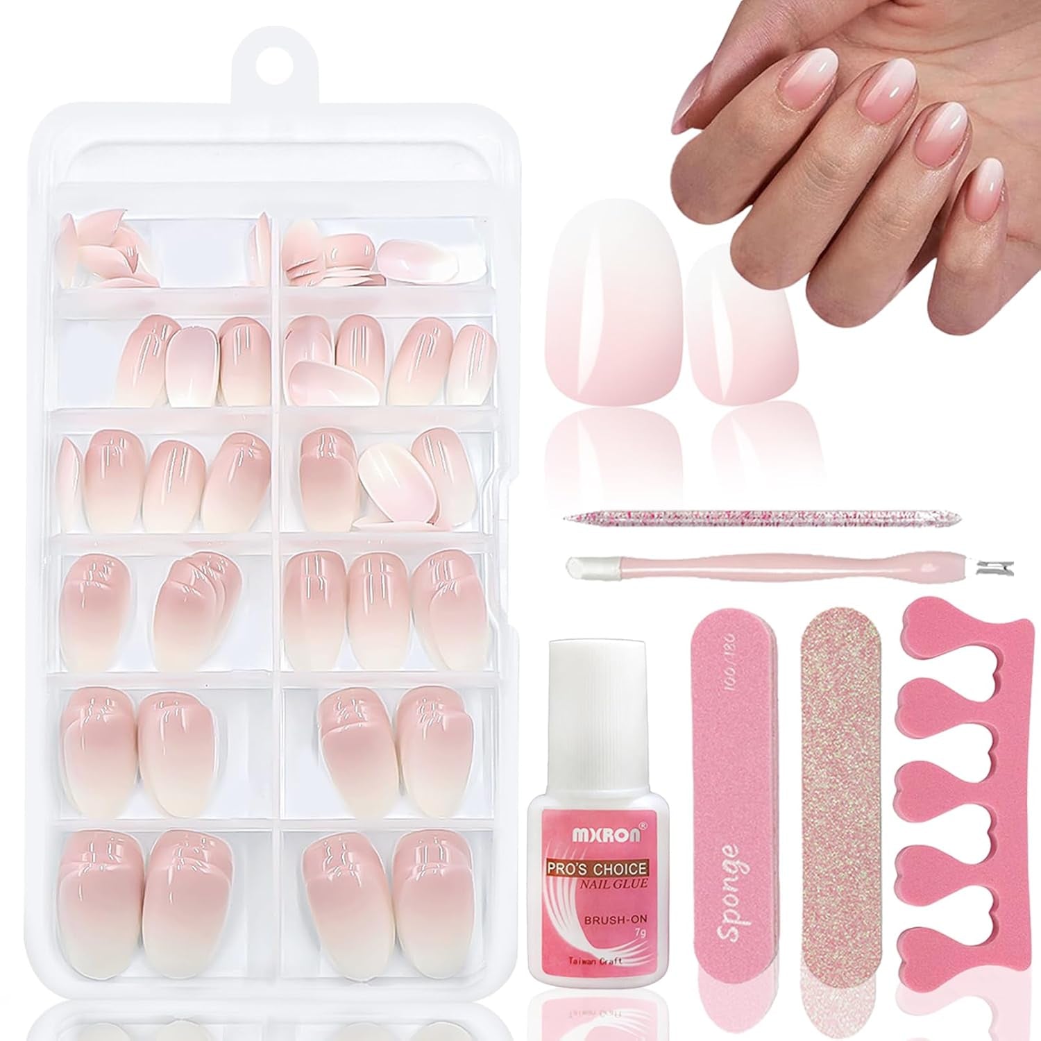 120 stuks naaktroze nepnagels met nagellijm - 12 maten korte ovale vierkante pers op nagels - mooie nagels, lijm op kunstnagels - geschikt voor dames doe-het-zelf nagelontwerp (squaval roze verloop)