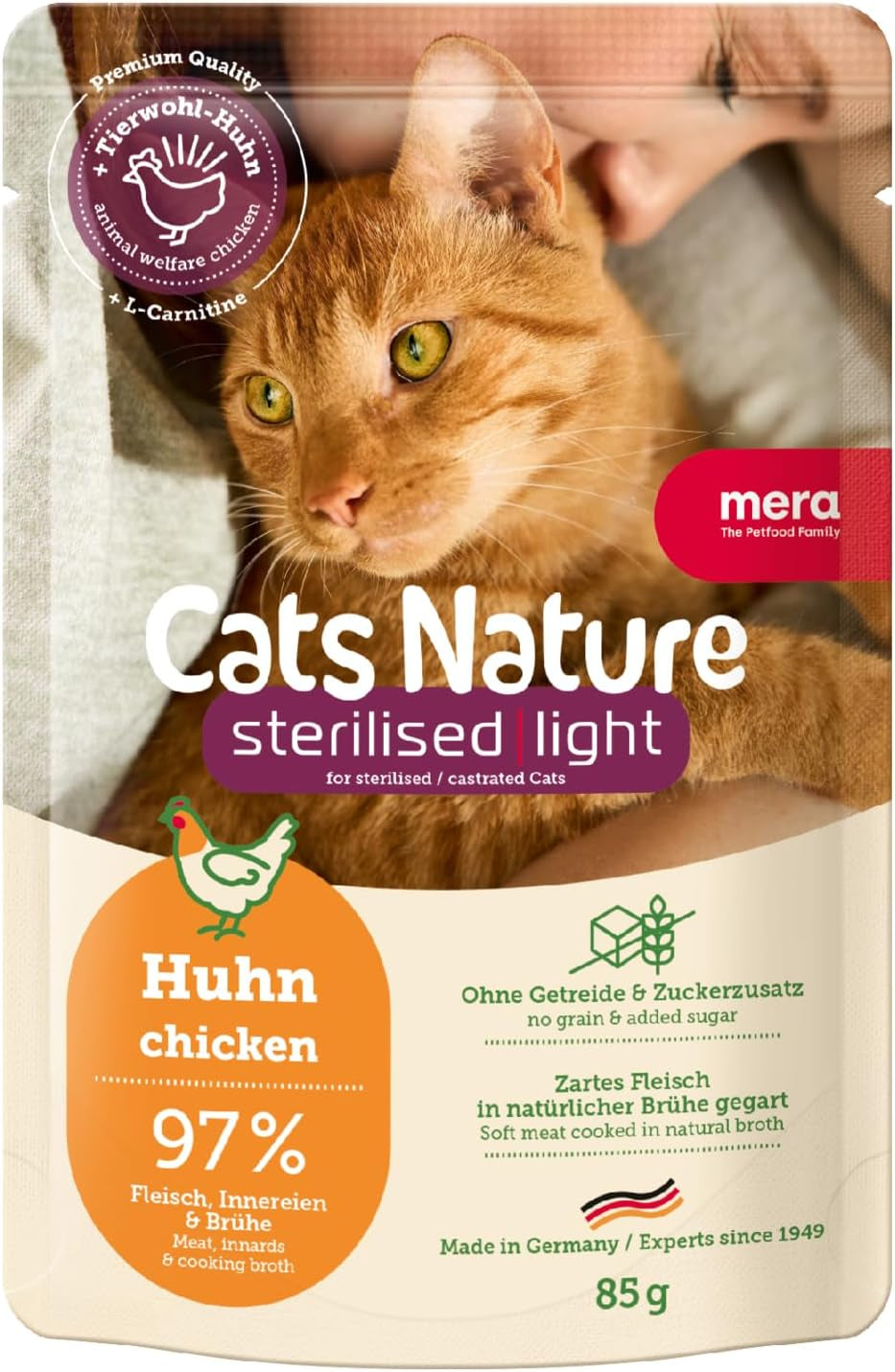 MERA Cats Nature Nat Gesteriliseerd/Licht Kippenvoer 12x85g | Voor gesteriliseerde/gecastreerde katten | Suiker- en graanvrij | Vetarm en vleesrijk natvoer