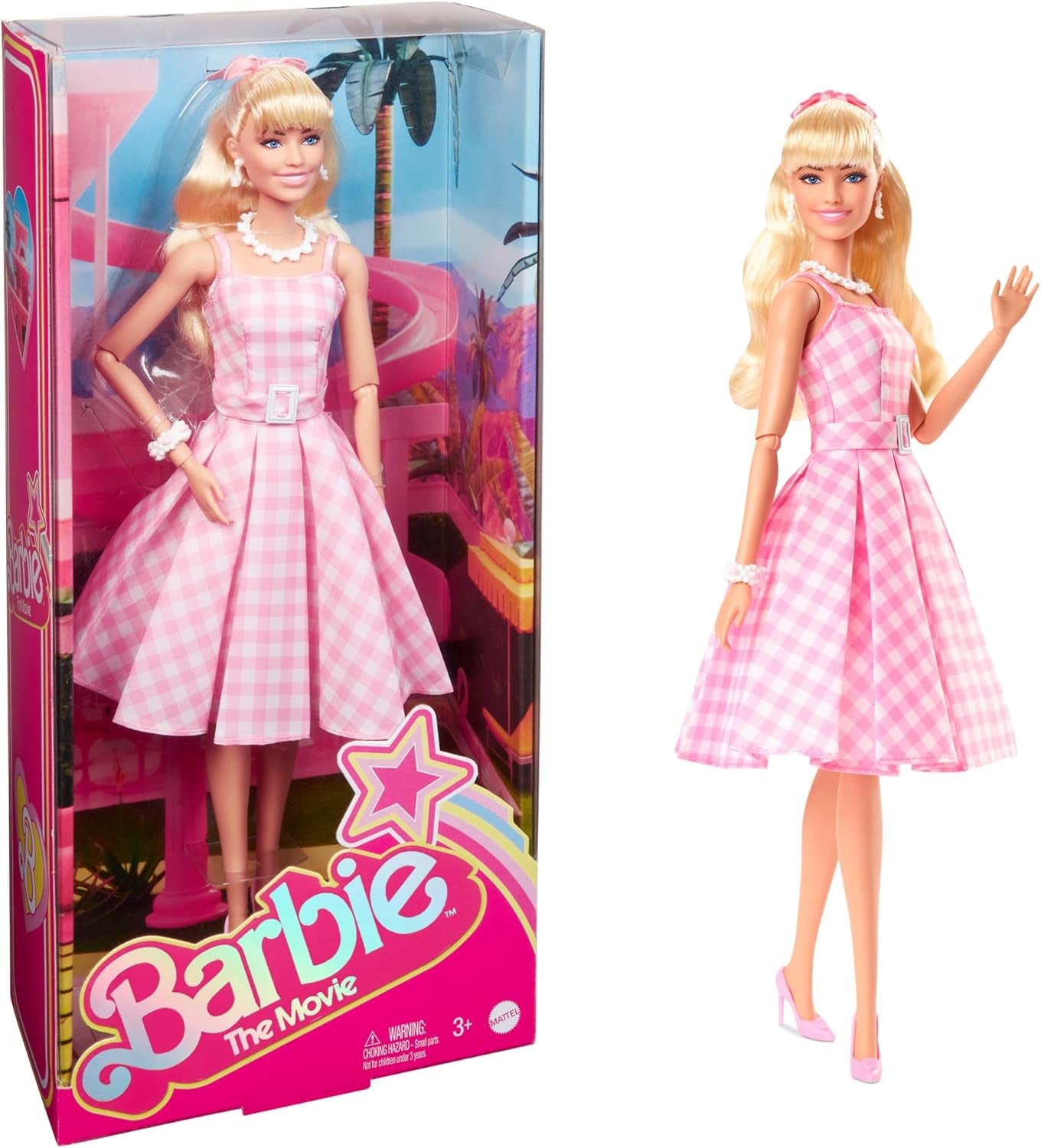 Barbie pop de filmpop in roze en witte jurk en madeliefjeketting Margot Robbie verzamelspeelgoed voor 3 jaar oud HPJ96