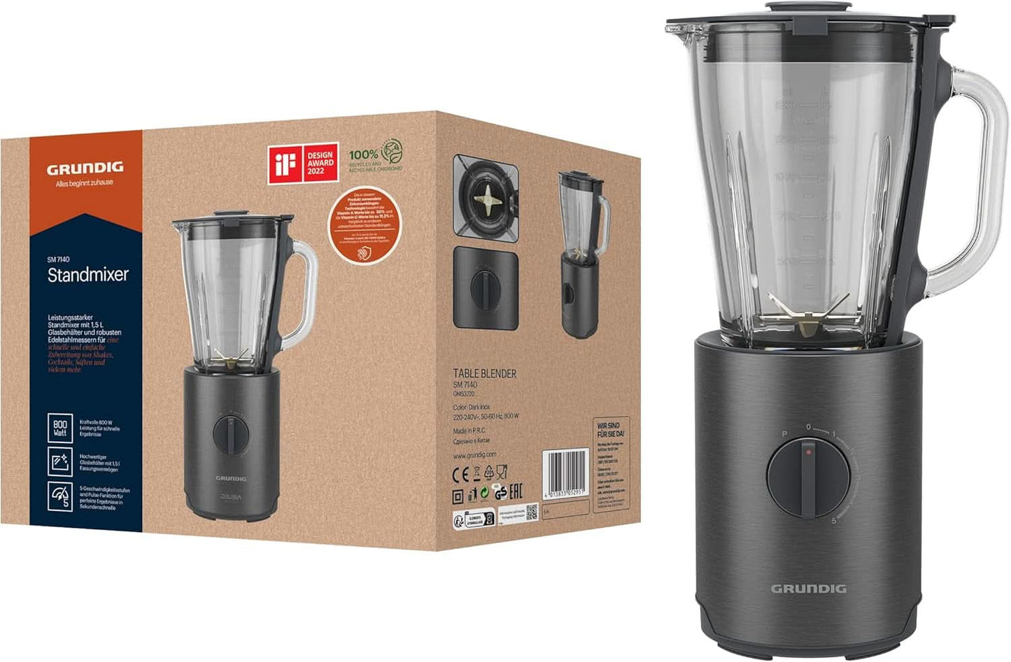 Grundig Delisia Novus SM 7140 Professional Standmixer, 1,5 liter, 800 Watt, 6-Fach Edelstahlmesser met zirkonium-beschichtung, 5 geschwindigkeitsstufen + Pulse-Funktion, Dark Inox/Edelstahl Kitchen Naty Shop