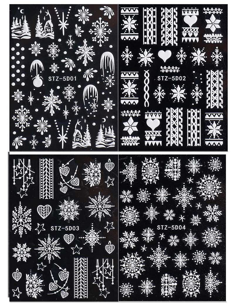 4 Blatt 3D Nagelsticker Weihnachten Nagelaufkleber Christmas 5D Stereoskopisch Selbstklebend Schneeflocke Schneemann Nail Art Sticker Decoratie Nageldesign Zubehör