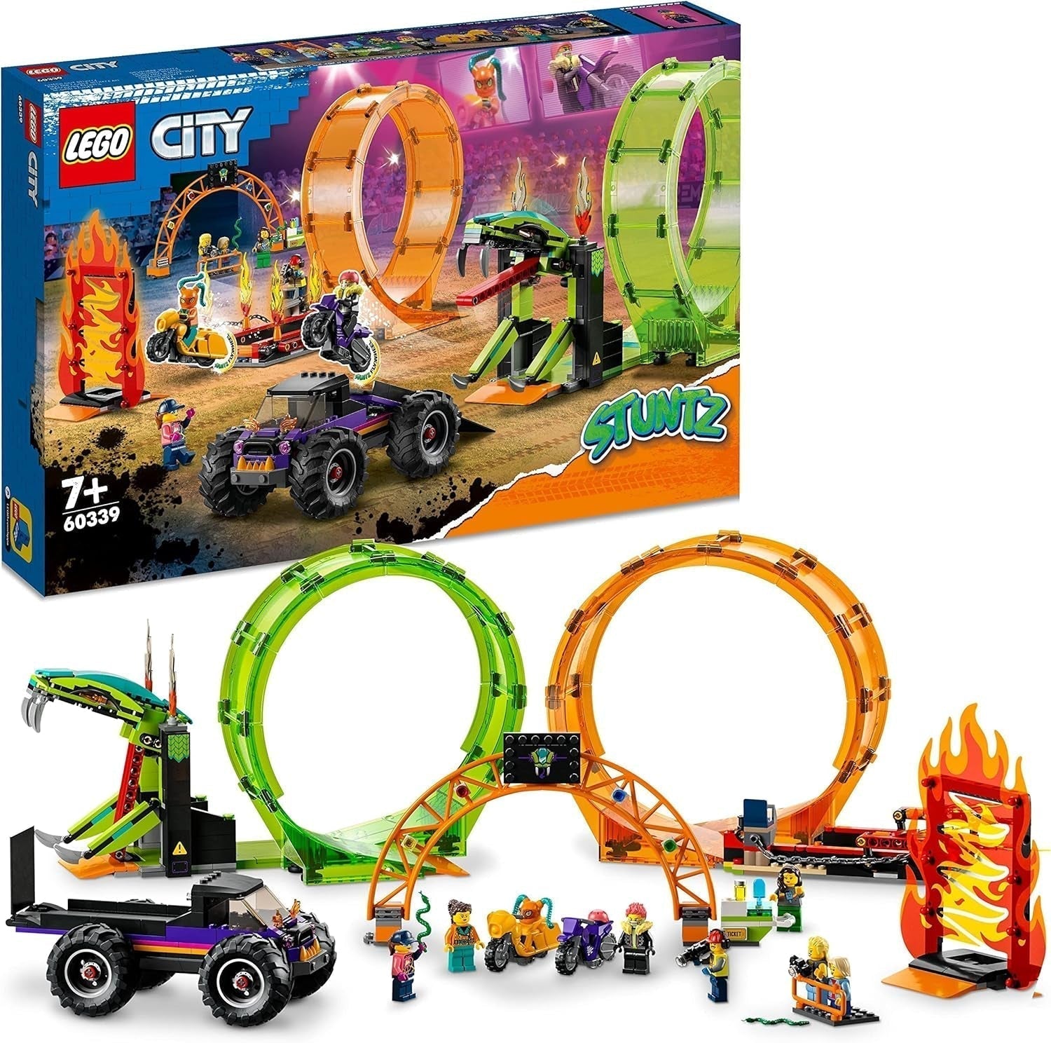 LEGO 60339 City Stuntz Stuntzshow dubbele loopingset, incl. oprit, monstertruck, 2X motorfiets en 7 minifiguren, speelgoed voor kinderen vanaf 7 jaar Bouwsets Besuche den LEGO-Store Single