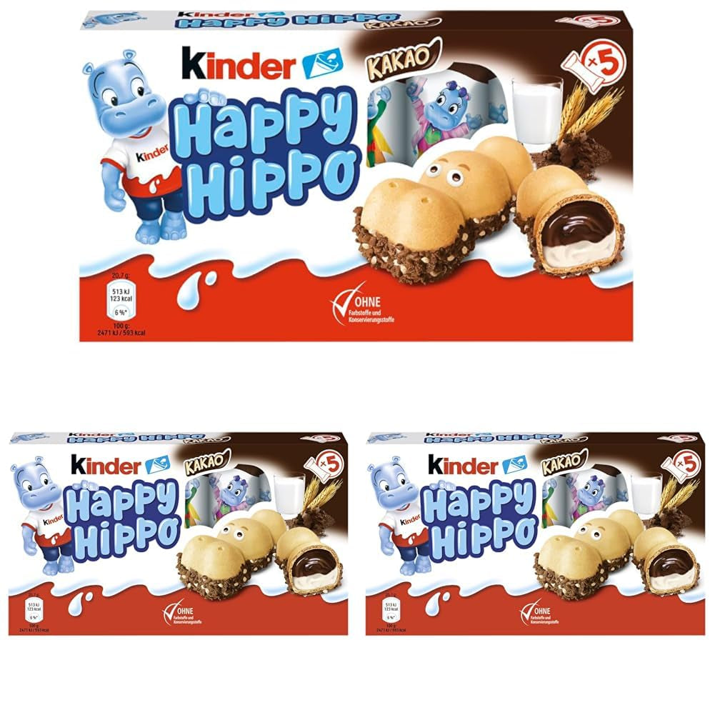 Kinder Happy Hippo Hazelnoot - Speciale knapperige wafels met melk en hazelnootcrème - Carnaval- en Mardi Gras-snoepjes - 1 pakje met 5 individuele repen van elk 20,7 g