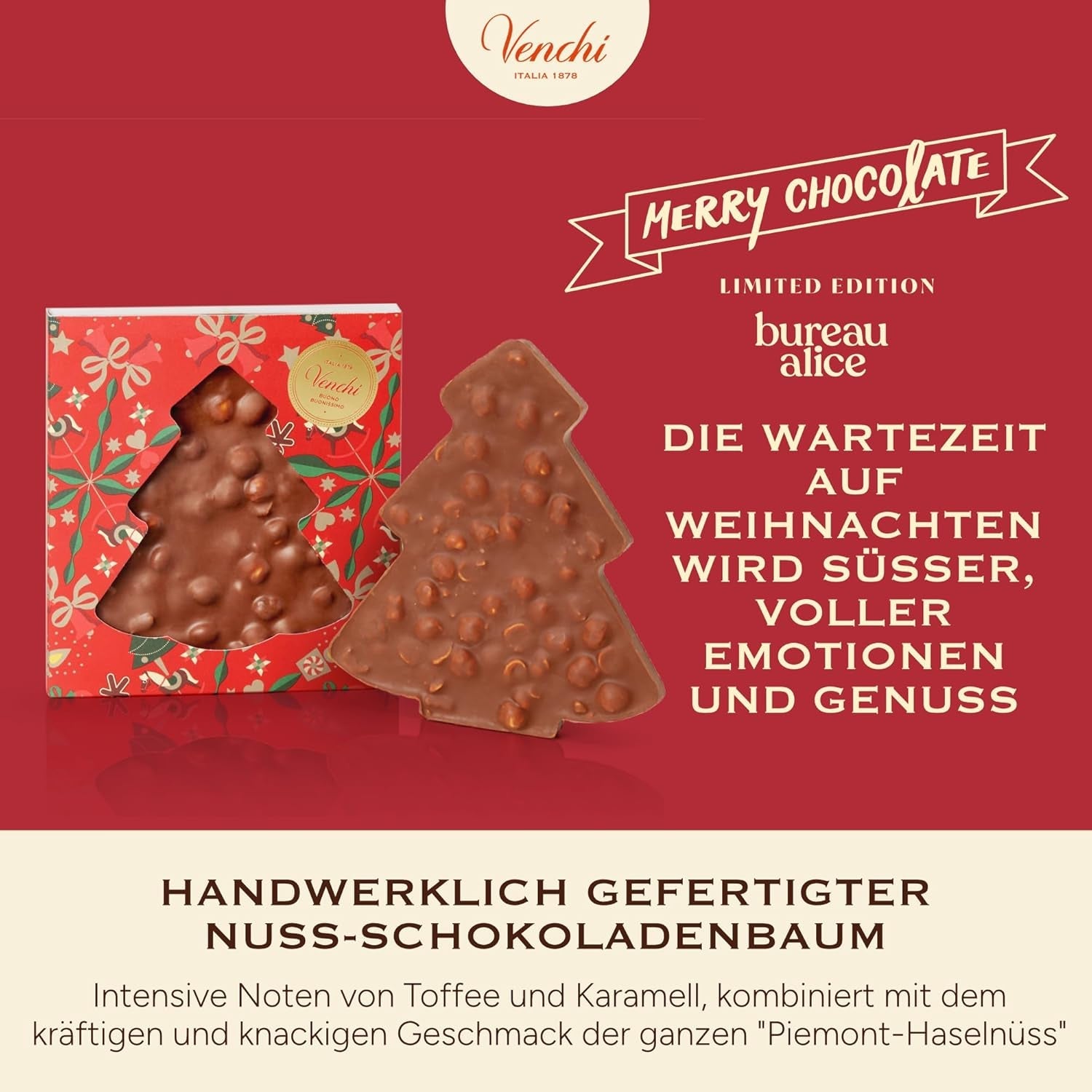 Venchi, Brutto&Buono, handgemaakte "Piemonte Forest Hazelnut" dennenboomvormige melkchocoladereep, 200 g, glutenvrij, kerstcollectie in beperkte oplage, cadeau-idee