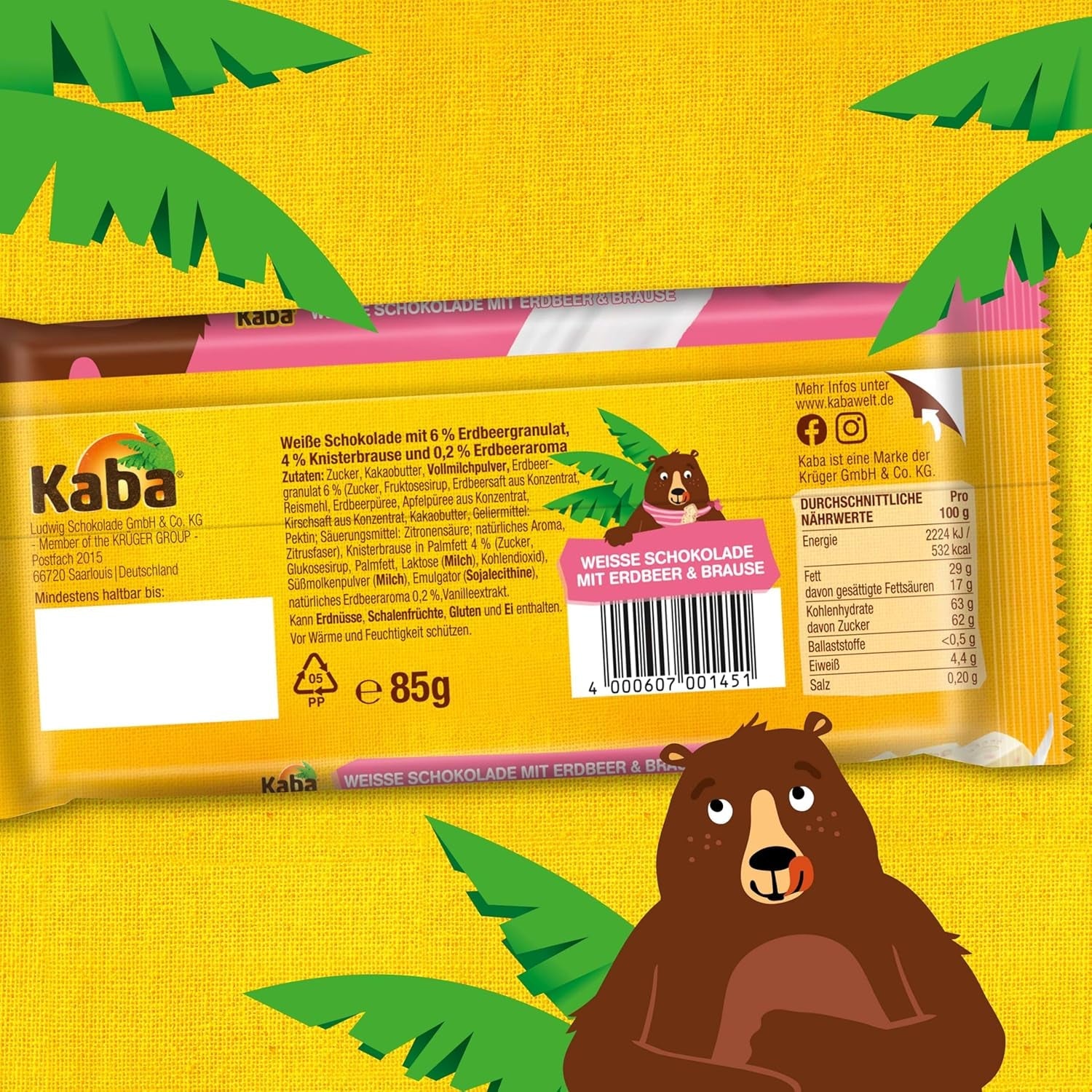 Kaba Witte Chocolade met Aardbeiensmaak en Bruisende Snoepjes, Chocoladereep, Reep 85g, Witte Chocolade met Aardbeienfruitige Smaak en Bruisende Snoepjes met Kaba Originele Smaak (Pack van 3)