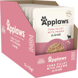 Applaws Premium natuurlijk natvoer voor katten, tonijnfilets met Pacifische garnalen in soep, portiezakjes van 70 g (12 x 70 g)