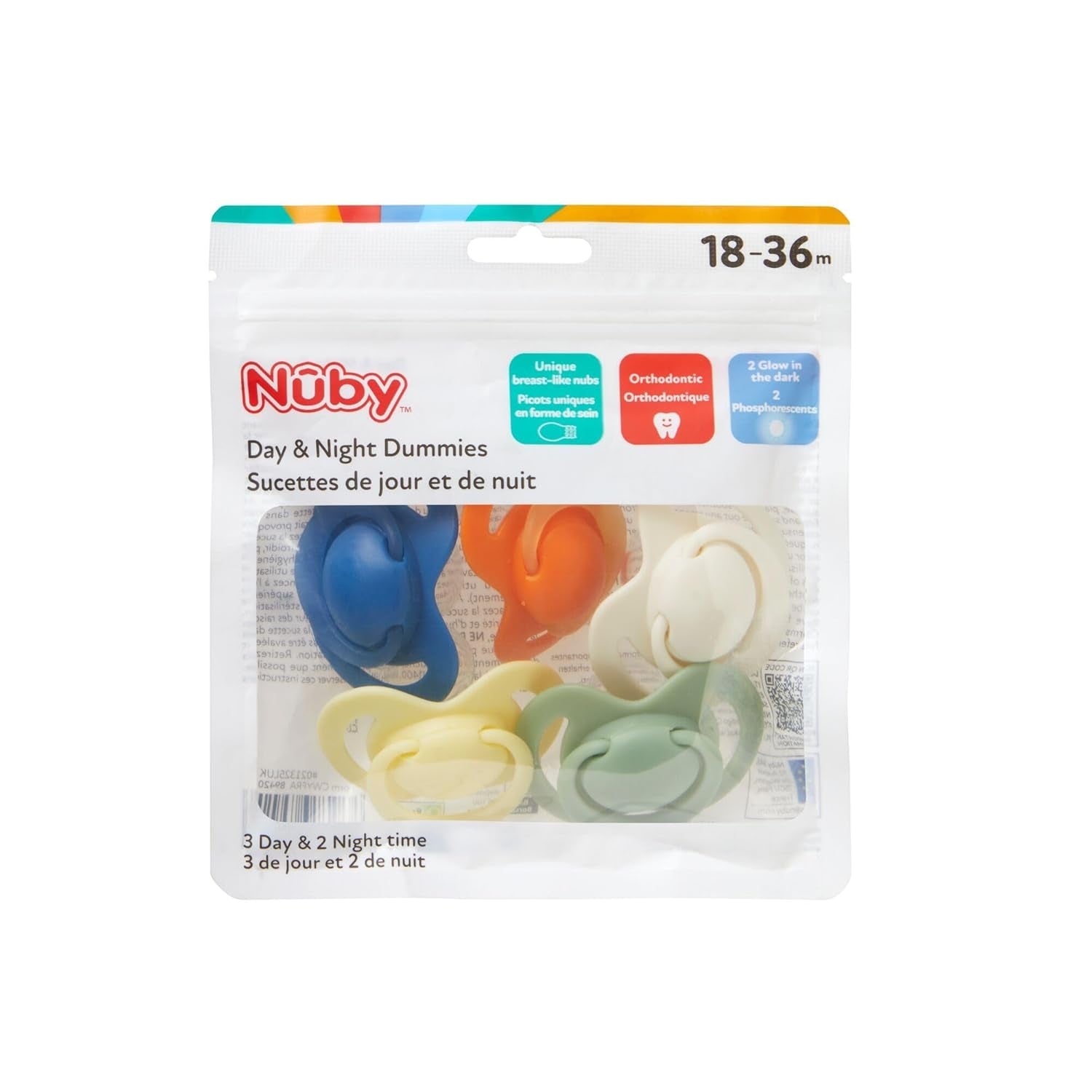 Nuby – Set van 5 zachte siliconen orthodontische fopspenen en fopspenen | 3 modellen voor dag en nacht | 2 modellen die gloeien in het donker | BPA-vrij | Borstachtige vorm | Voor 18-36 maanden