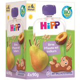 HiPP biologische peren- en pruimenzakjes, volkoren, 16 stuks (4 verpakkingen van 4 x 90 g elk), voor baby's vanaf 6 maanden, zonder toegevoegde suiker, veganistisch, beste biologische kwaliteit