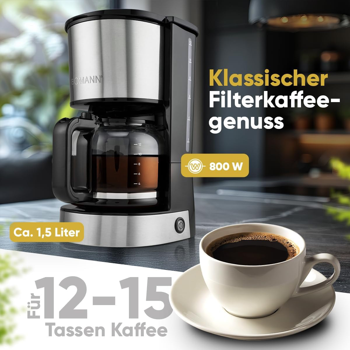 Espressomachine met Bomann®-filter | voor 12-14 kopjes | Koffie-espressomachine met filter | Roestvrij stalen behuizing | Anti-druppel | Espresso | Koffie-espressomachine met filter | 800W | KA 6071CB