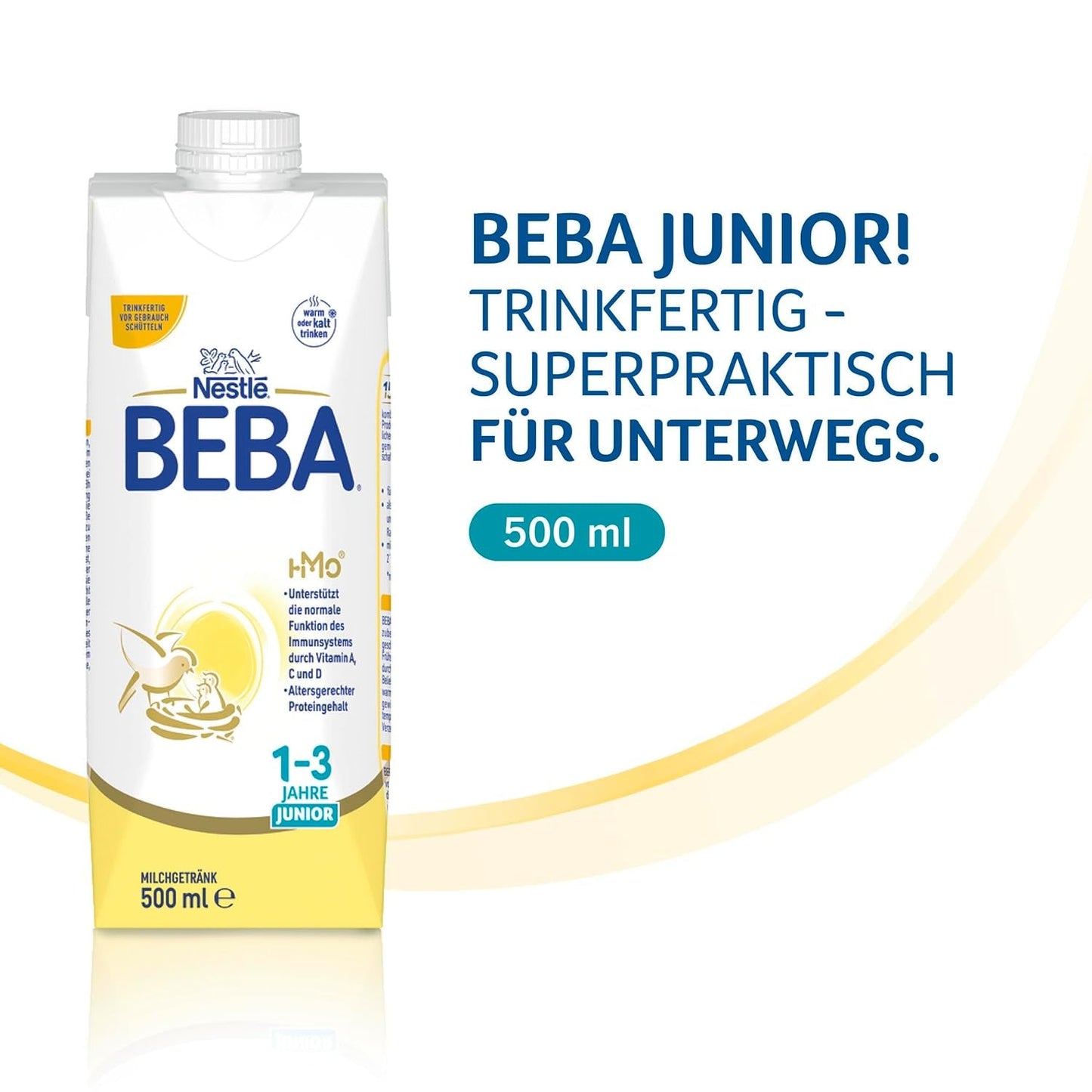 BEBA Junior kant-en-klare melkdrank 1-3 jaar, met HMO, bij de leeftijd passend eiwitgehalte, palmolievrij, visolievrij, peutervoeding, 12 stuks (12 x 500 ml)