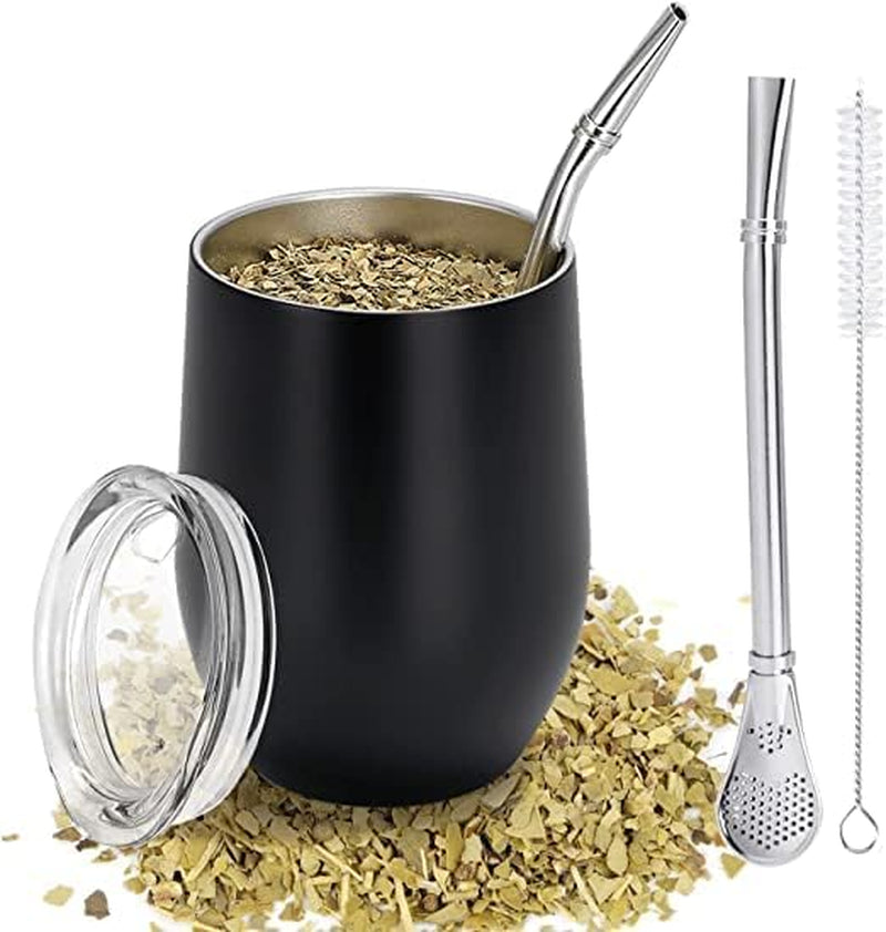 Moderne Mate-mok 340 ml, geïsoleerde dubbelwandige roestvrijstalen Yerba Mate-mokset, Mate-theemok met BPA-vrij deksel, bombillas en een reinigingsborstel (zilver)