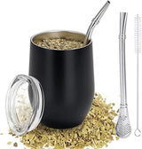 Moderne Mate-mok 340 ml, geïsoleerde dubbelwandige roestvrijstalen Yerba Mate-mokset, Mate-theemok met BPA-vrij deksel, bombillas en een reinigingsborstel (zilver)