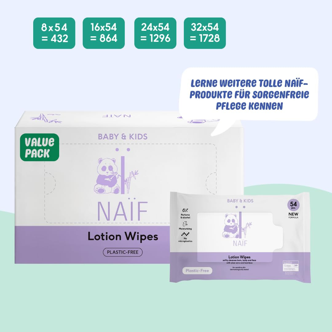 Naïf - Vochtige doekjes met plasticvrije lotion - 1296 stuks (24 pakjes van 54 doekjes) - voor baby's en kinderen - Babybillen, lichaam en gezicht - met Aloë Vera en Bamboe - 0% Geur en Alcohol